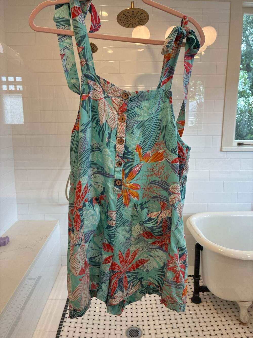Paradise USA Tropical Leaf Print Tie-Shoulder Button-Front Romper